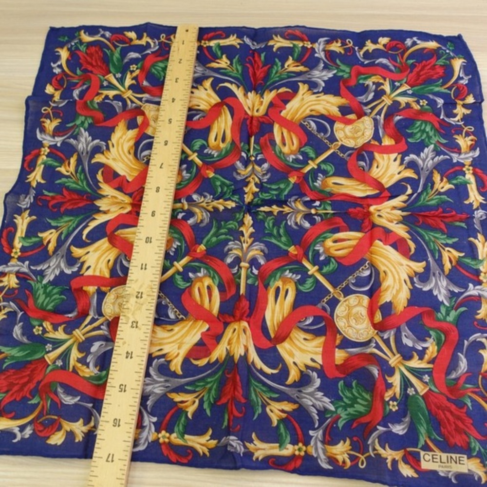 Vintage CELINE Paris Handkerchief Blue Gold‎ Medallion Arabesque AUTH Luxe 17x18 - Picture 6 of 12